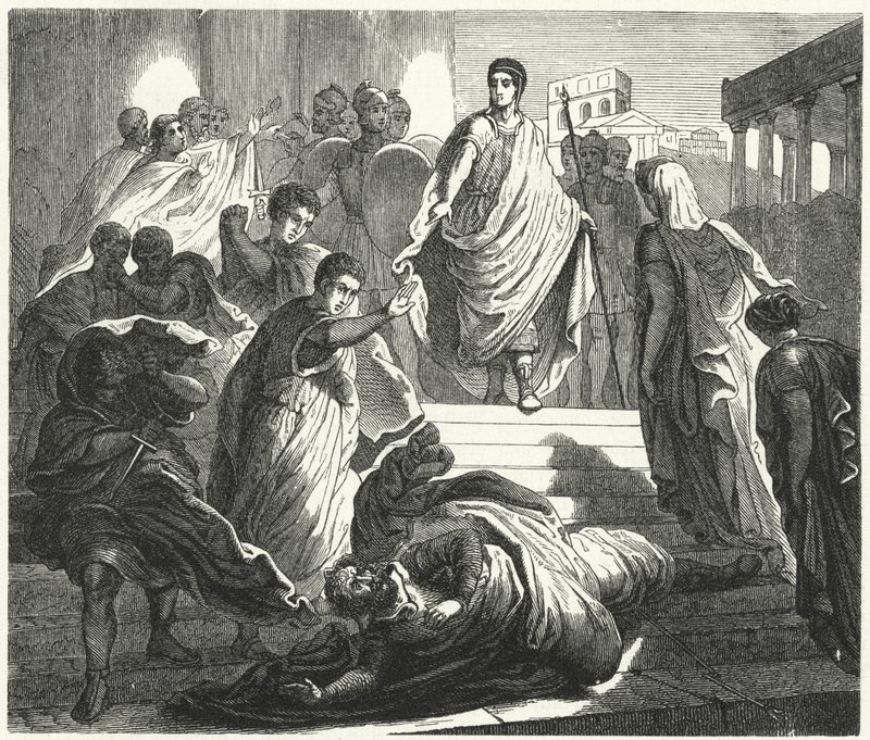 Tarquinius Superbus murhaa anoppinsa Servius Tulluksen saadakseen Rooman valtaistuimen (kaiverrus) tekijältä German School
