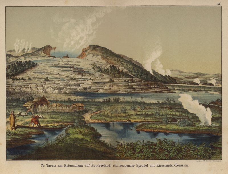 Te Tarata (valkoinen terassi), geoterminen piidioksidisintrauskerros Rotomahana-järven rannalla, Uusi-Seelanti (väri litho) tekijältä German School