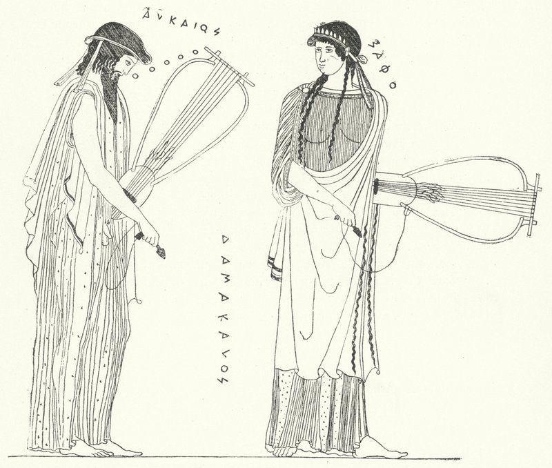 Antiikin kreikkalainen runoilija Alcaeus ja hänen rakastajansa Sappho (kaiverrus) tekijältä German School