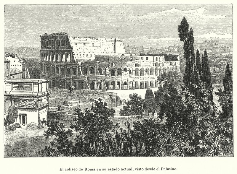 Colosseum, Rooma, nähtynä Palatinuksen kukkulalta (litho) tekijältä German School