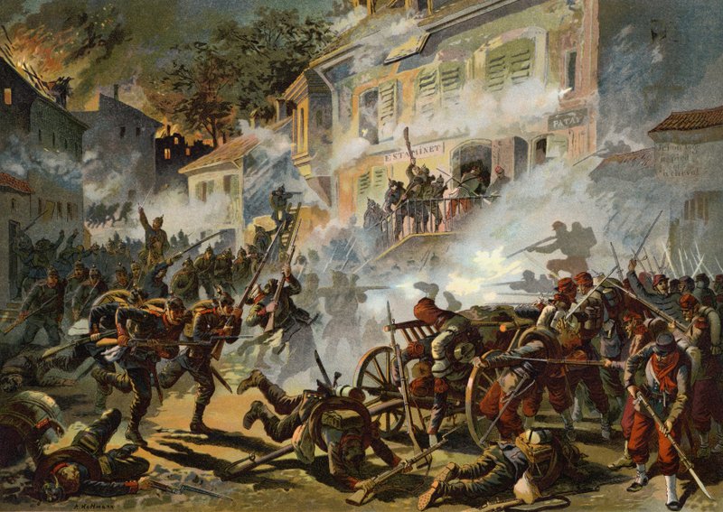 Saksan 22. jalkaväedivisioona ryntäsi ranskalaisten positioihin Chateaudunissa, Ranskan ja Preussin sota, 18. lokakuuta 1870 tekijältä German School