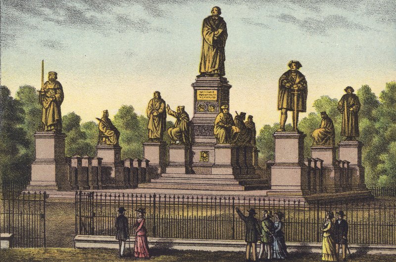 Lutherin muistomerkki Wormsissa (chromolitho) tekijältä German School