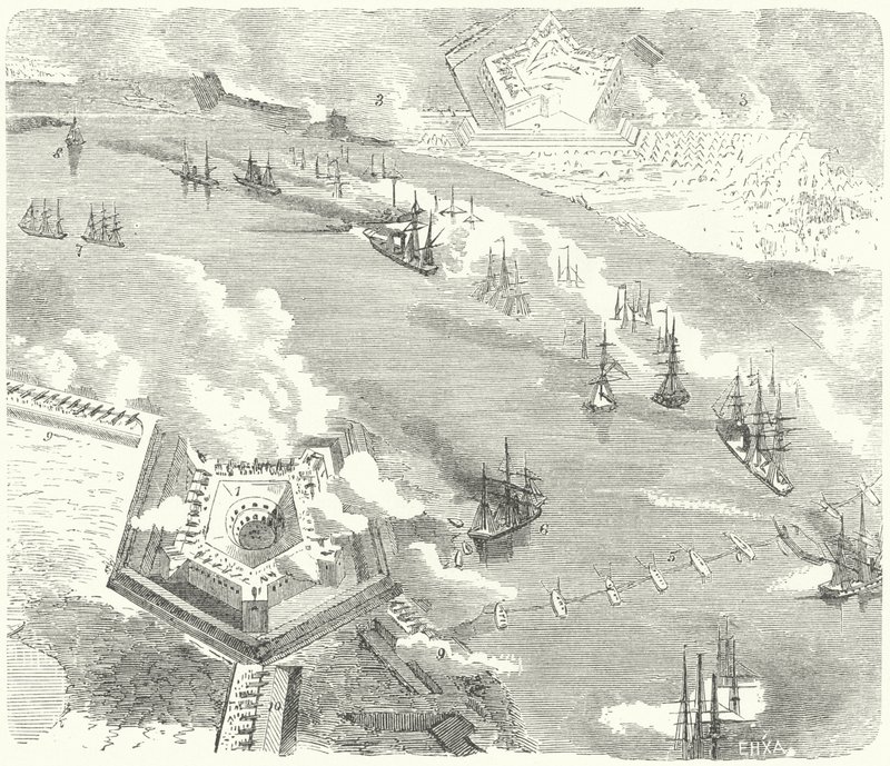 Unionin laivasto hyökkää Fort Jacksoniin ja Fort St Philipiin Louisianassa, Amerikan sisällissota, 1862 tekijältä German School