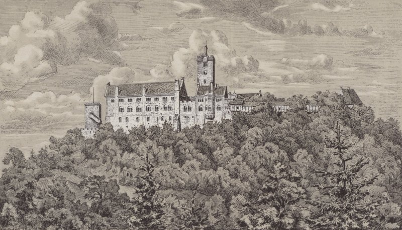 Wartburg, linna, josta on näkymät Eisenachin kaupunkiin, Thüringenissä, Saksassa (litho) tekijältä German School