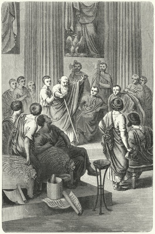 Sokea Appius Claudius Caecus puhui Rooman senaatissa Cineasta vastaan, Pyrrhusin Epiris-suurlähettiläs, 279 eKr. (kaiverrus) tekijältä German School