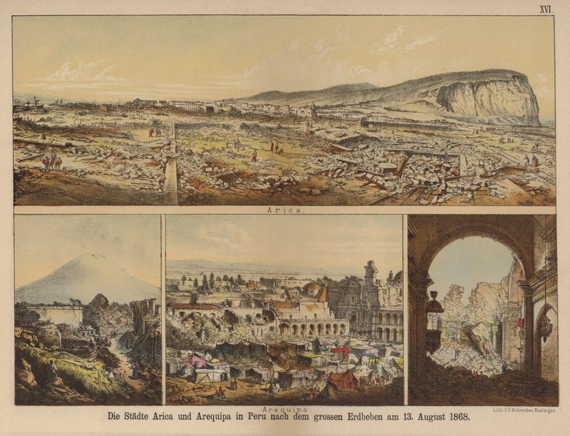 Arica ja Arequipa kaupungit Perussa suuren maanjäristyksen jälkeen 13. elokuuta 1868 (väri litho) tekijältä German School
