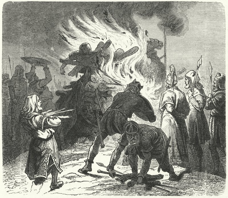 Legendaarinen Ruotsin kuningas Sigurd Hring polttaa Harald Wartoothin ruumista Bravellirin taistelun jälkeen (kaiverrus) tekijältä German School