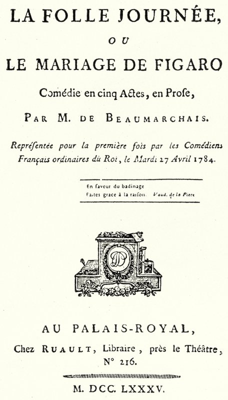 Nimisivu Pierre Beaumarchaisin näytelmästä Figaron häät, ensiesitetty vuonna 1784 (kaiverrus) tekijältä German School