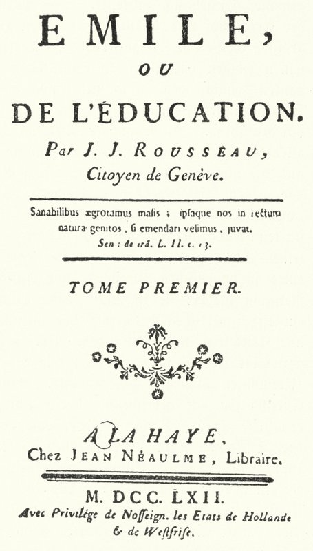 Nimisivu Jean-Jacques Rousseaun Emilen ensimmäisestä painoksesta, julkaistu vuonna 1762 (kaiverrus) tekijältä German School