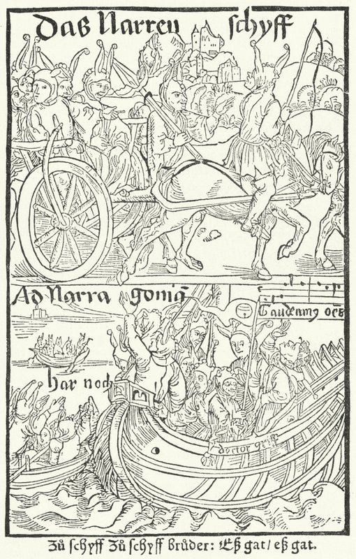 Nimisivu Sebastian Brantin Hullujen laivan ensimmäisestä painoksesta, painettu Johann Bergmann von Olpe Baselissa vuonna 1491 (kaiverrus) tekijältä German School