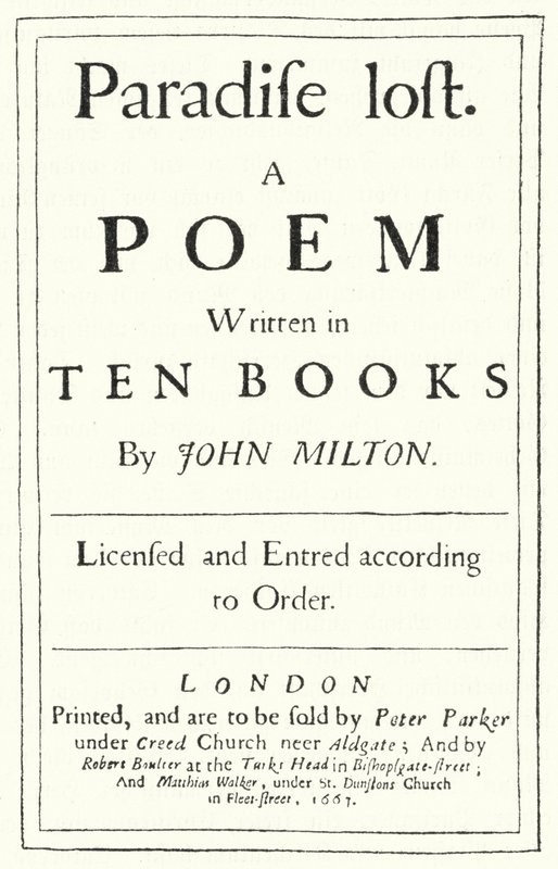 Nimisivu englantilaisen runoilijan John Miltonin vuonna 1667 julkaistusta Paradise Lost -julkaisusta (kaiverrus) tekijältä German School