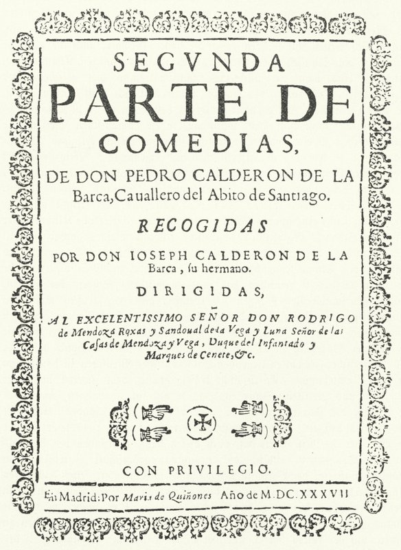 Nimisivu Comedias of Calderonin toisesta neljästä osasta, julkaistu vuonna 1637 (kaiverrus) tekijältä German School