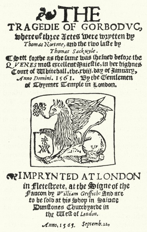 Thomas Nortonin ja Thomas Sackvillen The Tragedie of Gorboducin (1565) ensimmäisen painoksen nimisivu (kaiverrus) tekijältä German School