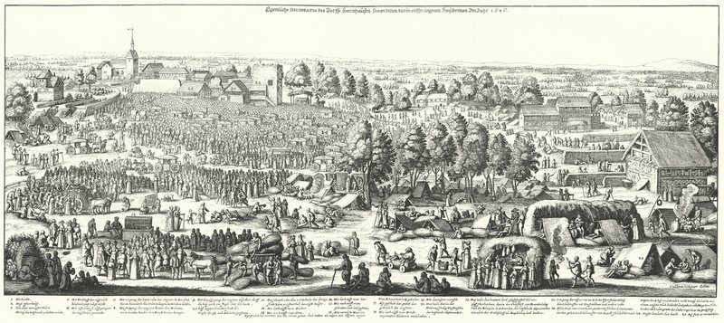 Matkustajat vierailevat parantavien lähteiden luona Hornhausenin kylässä, 1646 (kaiverrus) tekijältä German School