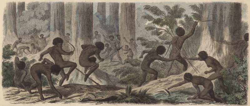 Kaksi Australian aboriginaalien heimoa taistelevat (värillinen kaiverrus) tekijältä German School