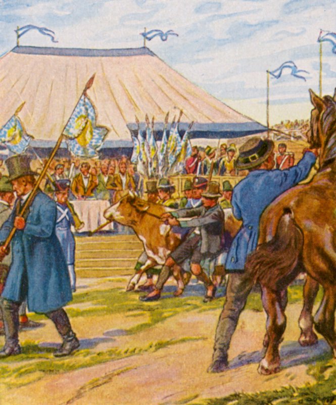 Viehpreisverteilung / Kotieläinten hinnanjako (värillinen litografia) tekijältä German School