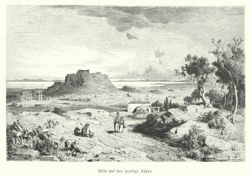 Näkymä Ateenaan, Kreikkaan, 1800-luvun loppu (kaiverrus) tekijältä German School