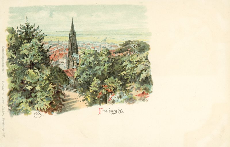 Näkymä Freiburgin kaupunkiin Saksassa ja sen katedraalille (chromolitho) tekijältä German School