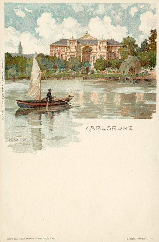 Näkymä Karlsruhen kaupunkiin Saksassa (chromolitho) tekijältä German School