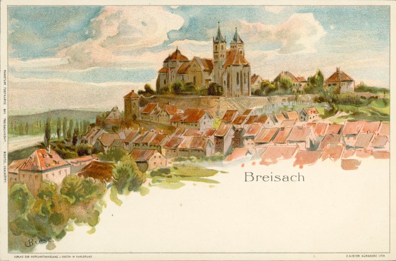Näkymä Breisachin kaupunkiin Saksassa (chromolitho) tekijältä German School