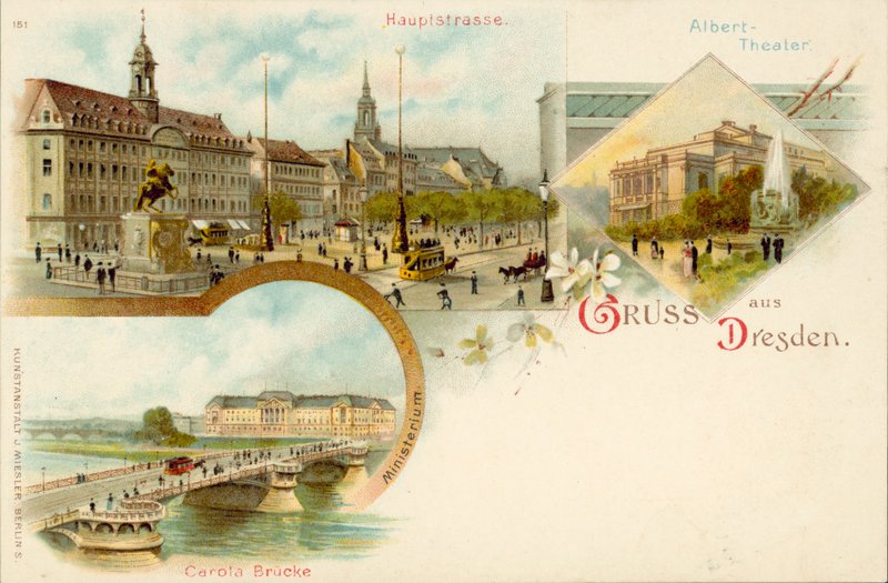 Näkymät Dresdeniin, Saksaan (chromolitho) tekijältä German School