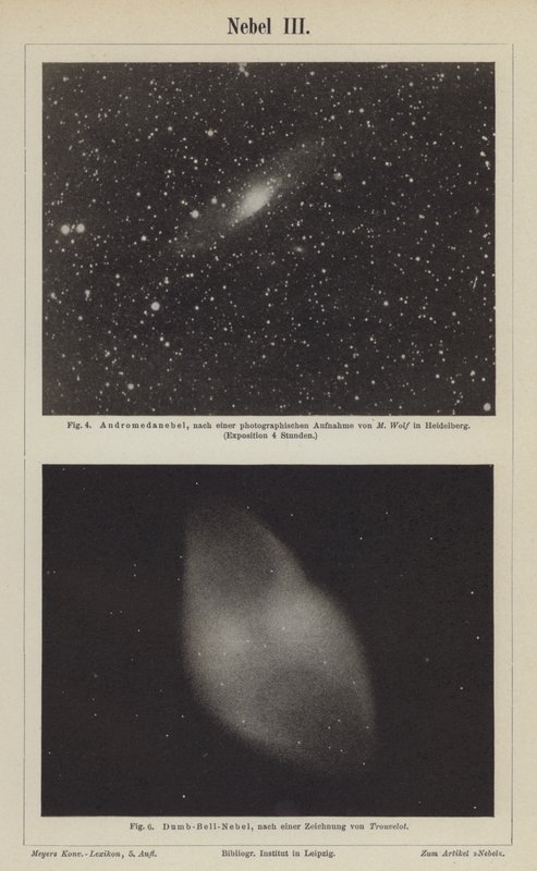 Näkymät Andromeda-sumulle ja Käsipainosumulle (kaiverrus) tekijältä German School