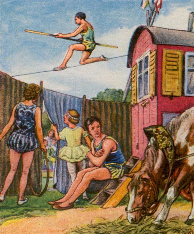 Wanderzirkus / Matkustava sirkus (värilitografia) tekijältä German School