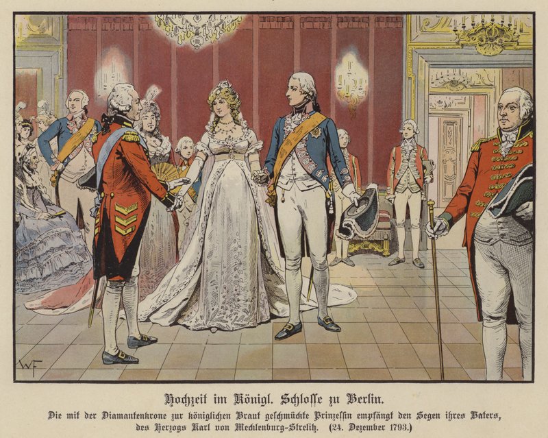 Preussin kruununprinssi Frederick Williamin ja Mecklenburg-Strelitzin prinsessa Louisen häät Berliinin kuninkaallisessa palatsissa 24. joulukuuta 1793 (värilitho) tekijältä German School