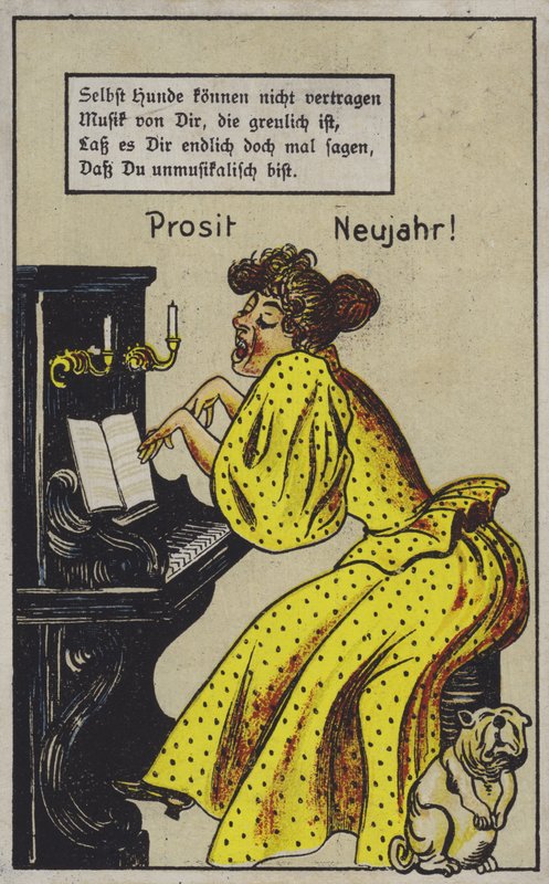 Nainen soittaa pianoa erittäin ilmeikkäästi, koiran levottomuuteen (väri litho) tekijältä German School