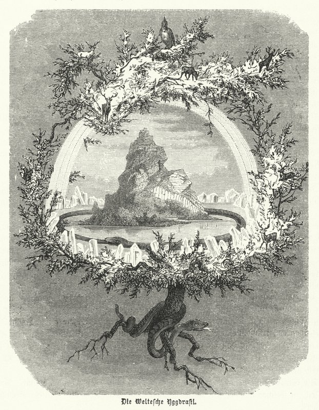 Yggdrasil, pohjoismaisen kosmologian myyttinen saarni (kaiverrus) tekijältä German School