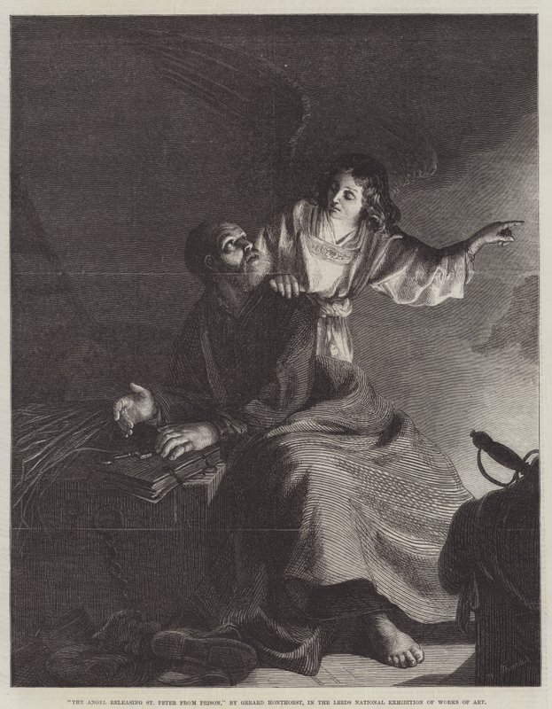 Enkeli vapauttaa Pietarin vankilasta tekijältä Gerrit van Honthorst