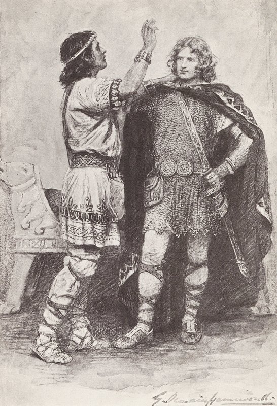 Kuvitus teokseen The Story of Hereward, The Champion of England (litografia). tekijältä Gertrude E. Demain (after) Hammond