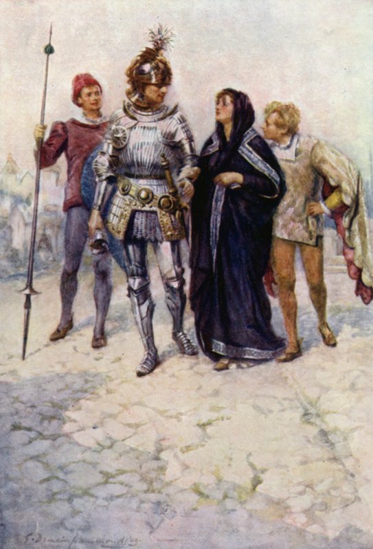 Prinssi Arthur johdattaa Belgen ja hänen poikansa linnaan (värilitho) tekijältä Gertrude E. Demain (after) Hammond