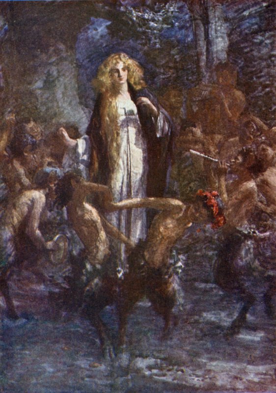 "Satyyrit tanssivat hänen ympärillään iloisesti" (väri litho) tekijältä Gertrude E. Demain (after) Hammond