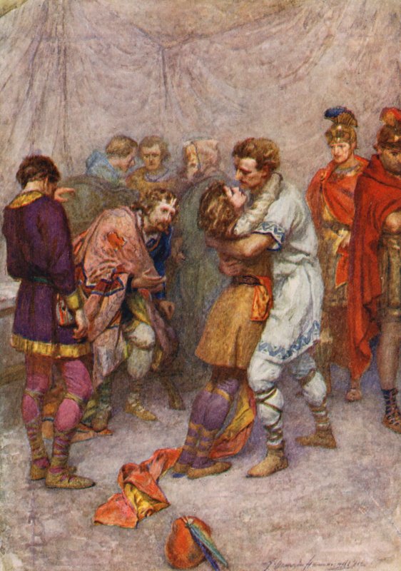 William Shakespearen näytelmä: Cymbeline (värilitografia). tekijältä Gertrude E. Demain (after) Hammond