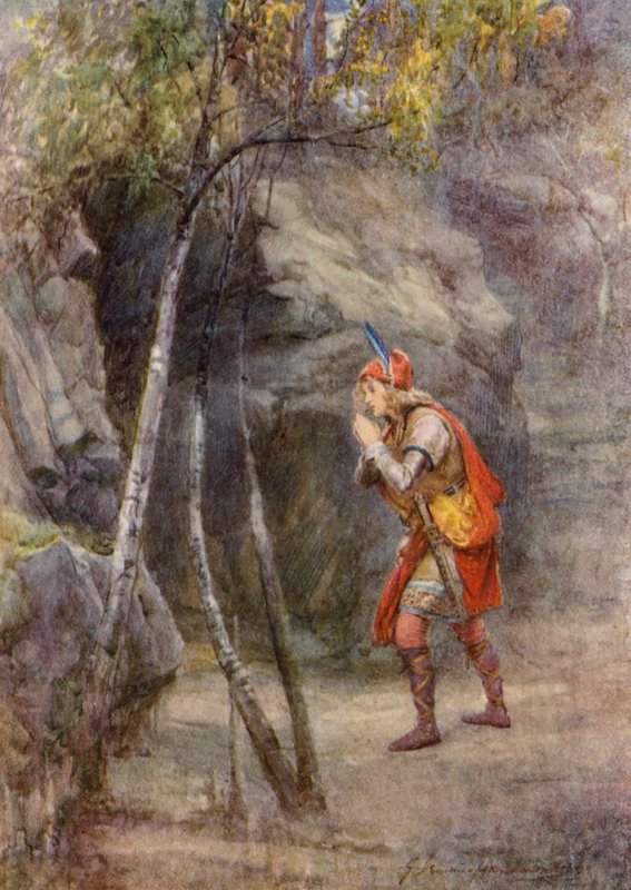 William Shakespearen näytelmä: Cymbeline (värilitografia). tekijältä Gertrude E. Demain (after) Hammond
