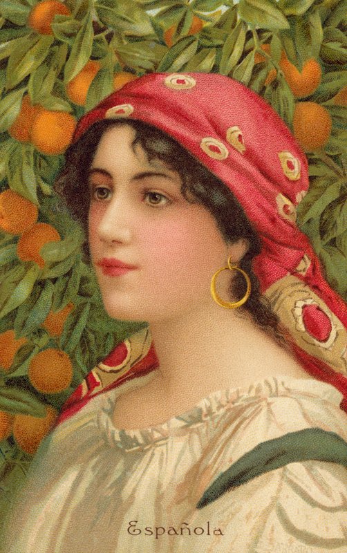 Muotokuva espanjalaisesta naisesta, jolla on appelsiinipuu (väri litho) tekijältä Giovanni Barbaro