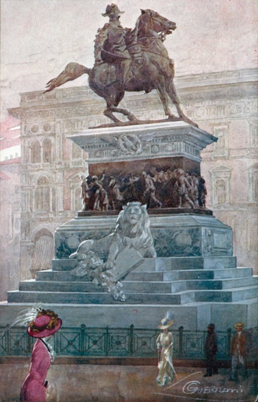 Milano / Milano: Victor Emmanuel II:n muistomerkki (värilitografia). tekijältä Giovanni Guerzoni
