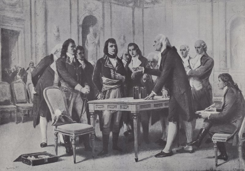 Alessandro Volta esitteli patteriaan Napoleonille, Ranskan ensimmäiselle konsulille, 1801 tekijältä Giuseppe Bertini