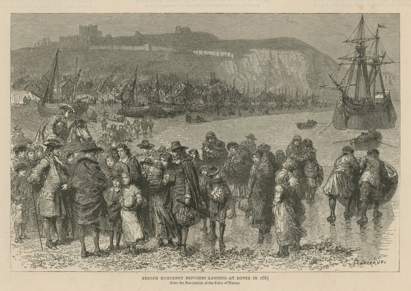 Hugenotit Englannissa: Ranskalaiset hugenottien pakolaiset laskeutuvat Doveriin vuonna 1685 (kaiverrus). tekijältä Godefroy Durand