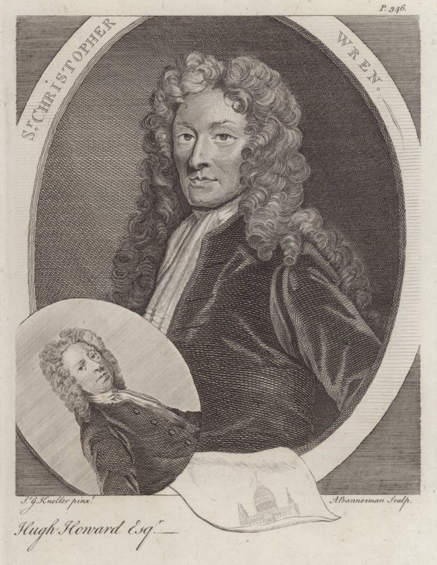 Sir Christopher Wren, englantilainen arkkitehti ja Hugh Howard, englantilainen taiteilija ja keräilijä (kaiverrus) tekijältä Godfrey (after) Kneller
