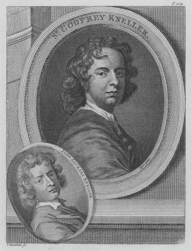 Sir Godfrey Kneller ja John Zacharias Kneller, Englannissa toimivat saksalaiset taiteilijat (kaiverrus) tekijältä Godfrey (after) Kneller