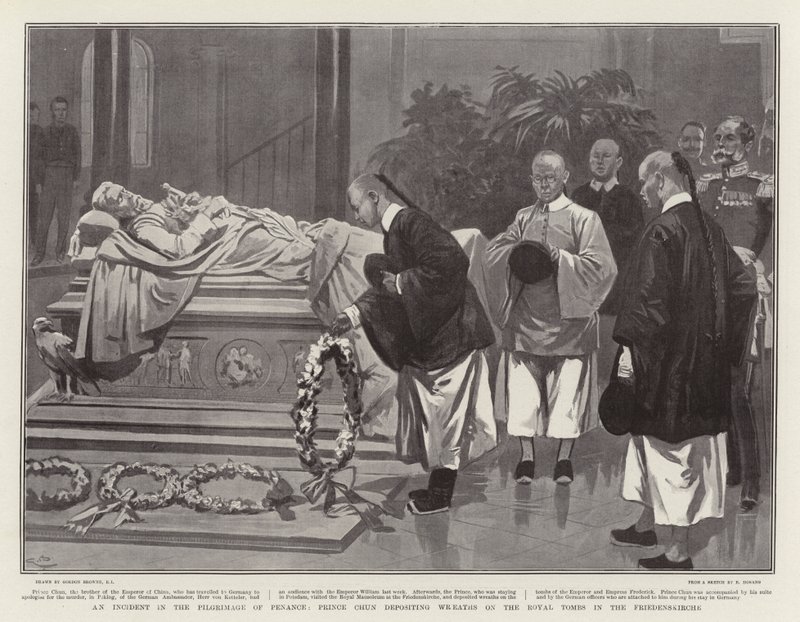 Tapaus katumuksen pyhiinvaelluksella; Prinssi Chun tallettelemassa seppeleitä Friedenskirchen kuninkaallisille haudoille tekijältä Gordon Frederick Browne