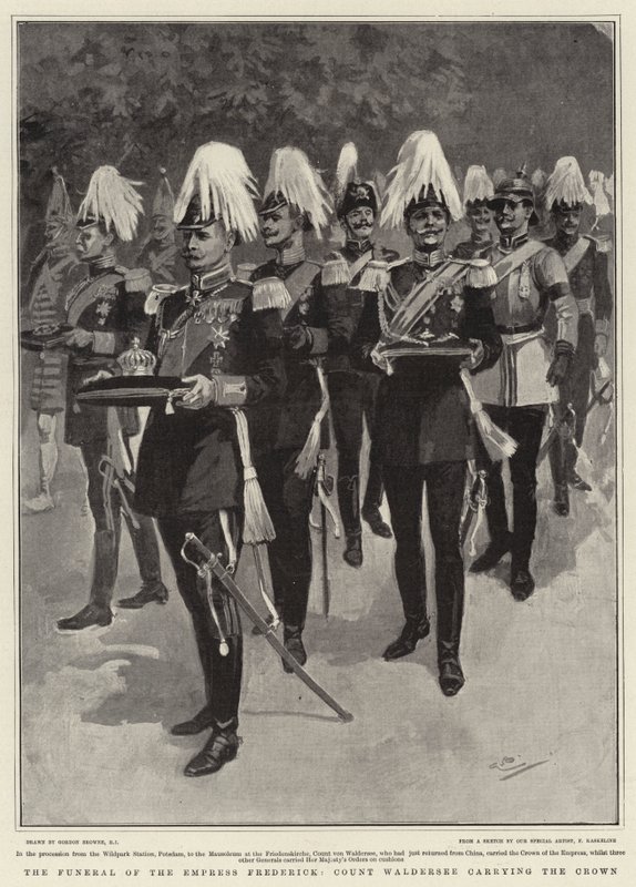 Keisarinna Frederickin hautajaiset, kreivi Waldersee kruunua kantamassa tekijältä Gordon Frederick Browne