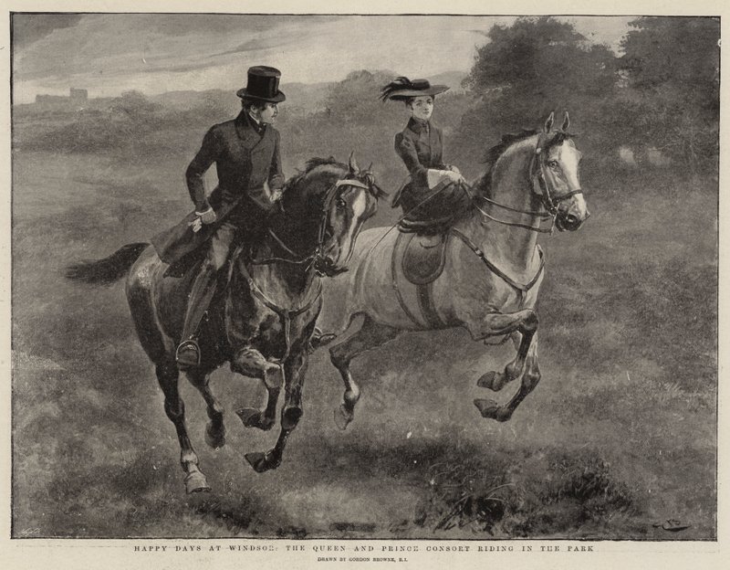 Iloisia päiviä Windsorissa, Queen ja Prince Consort ratsastavat puistossa tekijältä Gordon Frederick Browne