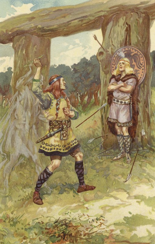 Hodur otti mistelin Lokilta, ja Loki ohjasi hänen käsivarttaan ja heitti sen Balduria kohti, ja Baldur kaatui terävästi huutaen (chromolitho) tekijältä Gordon Frederick Browne