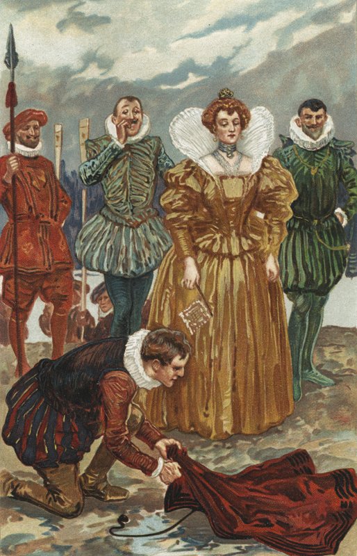 Sir Walter Raleigh tarjoaa viittaansa kuningatar Elizabeth I:lle tekijältä Gordon Frederick Browne