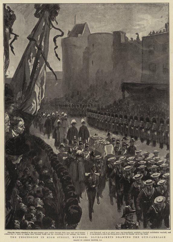 Kulkue High Streetillä, Windsor, Bluejackets piirtää asevaunun tekijältä Gordon Frederick Browne