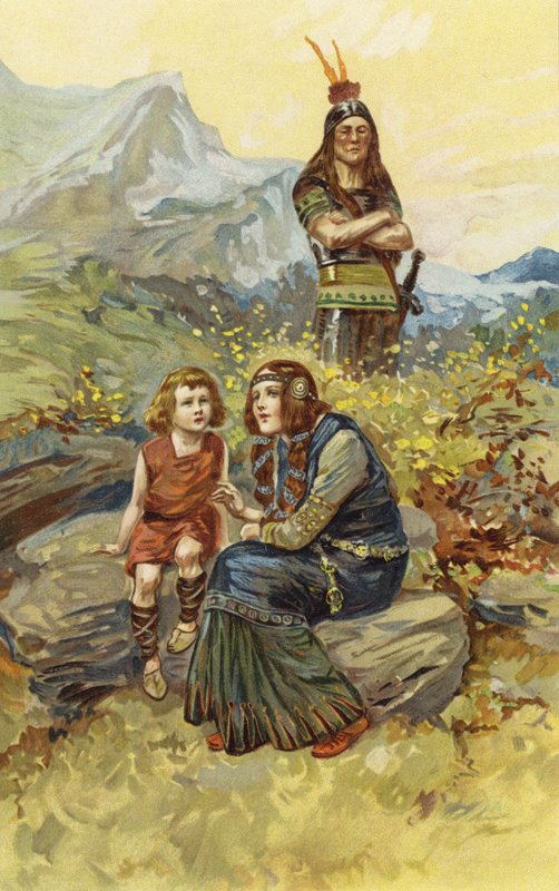 Nainen ja hänen poikansa Olaf istuivat aamun auringonpaisteessa (chromolitho) tekijältä Gordon Frederick Browne