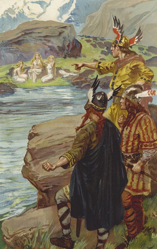 He näkivät järven reunalla kolme neitoa istumassa ja kehrämässä pellavaa (chromolitho) tekijältä Gordon Frederick Browne